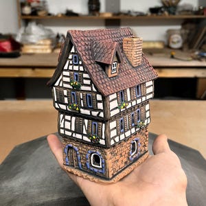 Half Timbered House with Blue Shutters - Ceramic Aroma Oil Burner and Tea Light Holder