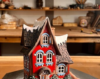 Handmade Tiny Ceramic Christmas Village House – Candle Holder and Aroma Oil Diffuser