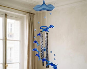 Blue Crystal Dolphin Wind Chimes Home Decoration Hanging Ornament