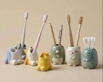 Ceramic Toothbrush Holder Mini Organizer Makeup Brush Stand Bathroom Desk Storage