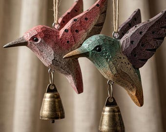 Outdoor wind chime with carved wooden hummingbird sculptures, handcrafted patio hanging ornament