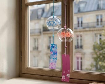Japanese Wind Chime, Hand-Blown Glass Bell with Floral Design