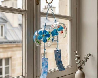 Japanese Wind Chime, Hand-Blown Glass Furin Ornament with Sakura Design