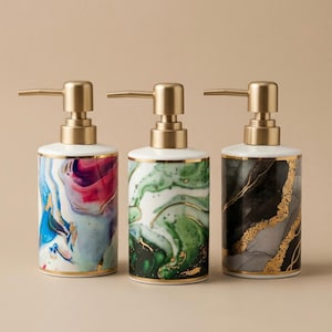 Ceramic Soap Dispenser French Handmade Marble Effect Pump Bottle Gold Accent Bathroom Decor Refillable Lotion Dispenser Gift Idea for Home