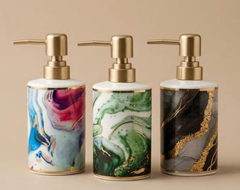 Dispenser di sapone in ceramica, realizzato a mano in Francia, con effetto marmo, flacone con pompa e dettagli dorati, ideale per l'arredamento del bagno. Dispenser di lozione ricaricabile, idea regalo per la casa.