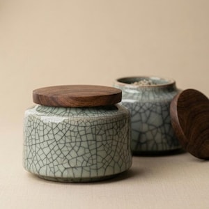 Wabi Sabi Ceramic Tea Jar Handmade in France Celadon Storage Canister Japandi Decor Airtight Matcha Coffee Bean Container Gift Idea for Home