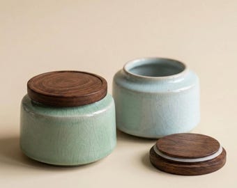 Ceramic Tea Caddy with Wooden Lid Handmade in France Airtight Storage Jar Wabi Sabi Japandi Tea Canister Retro Desk Decor Gift Idea