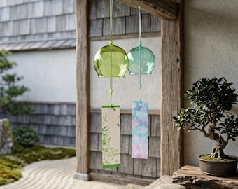 Handmade Glass Wind Chimes, Japanese Furin Style with Colorful Designs