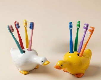 Ceramic Toothbrush Holder Duck Design Kids Bathroom Organizer Cup Storage