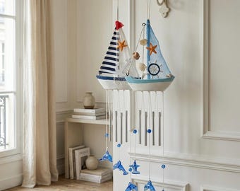 Blue White Nautical Wind Chime with Boat Anchor