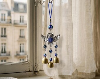 Blue Eye Spread Wing Owl Bell Wind Chime Outdoor Decor