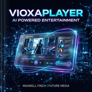 Pode incluir: Ilustração digital de um reprodutor de mídia futurista, com o texto "VIOXAPLAYER" e "AI POWERED ENTERTAINMENT" em um esquema de cores vibrantes azul e roxo. A interface do reprodutor exibe um vídeo e recomendações de IA. A parte inferior da imagem diz "MAXWELL FINCH | FUTURE MEDIA".
