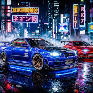 May include: A vibrant digital art piece showcasing three sports cars racing down a neon-lit city street. The lead car is blue, followed by a red and a white car. The scene is set at night with Japanese text in the background.