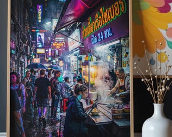 Cyberpunk Thai Street Food Print, Neon Night Market Poster, Sci-Fi Alleyway Decor (Digital Download)