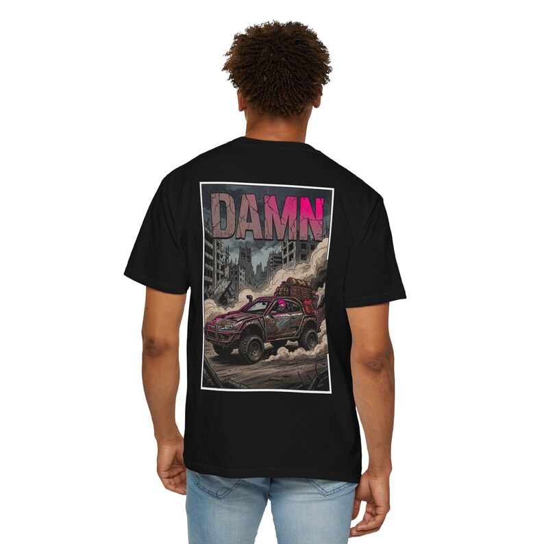 Damn Wasteland Nomad Riding Supra Truck T-shirt | Post-Apocalyptic Truck Art image 8