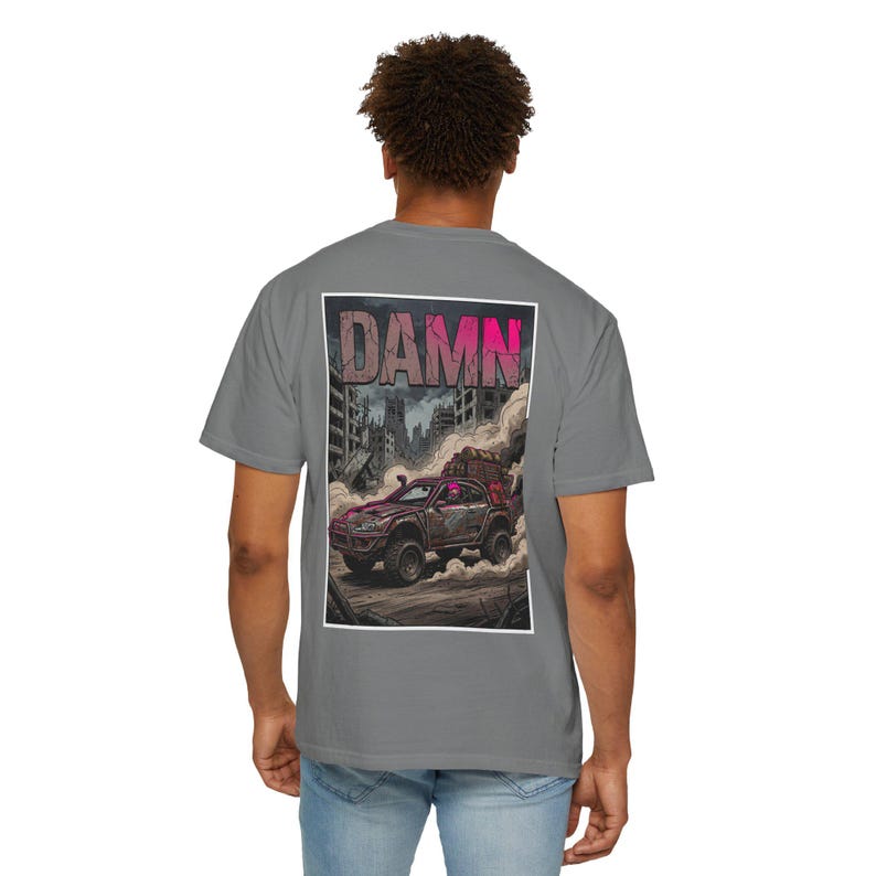 Damn Wasteland Nomad Riding Supra Truck T-shirt | Post-Apocalyptic Truck Art image 7