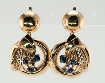 Sapphire Earrings, 14K Gold Vintage Dangle Drop