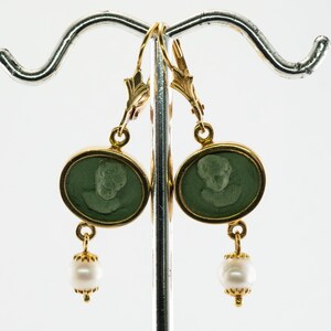 Green Cameo Pearl Earrings, 18K Gold & Lava, Angel Cherub image 6
