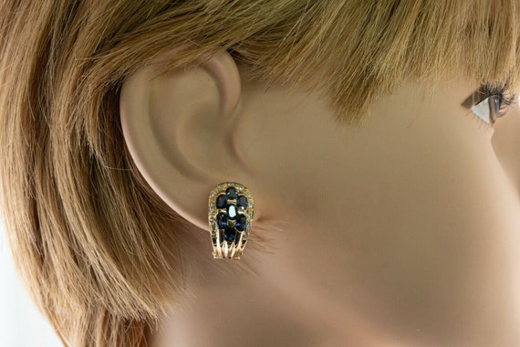 Diamond Sapphire Earrings, Vintage Estate 18K Gold - image 3