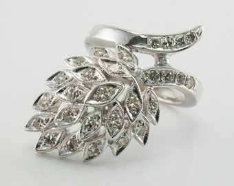 Diamond Ring, Vintage Cluster, 14K Gold Leaf Flower