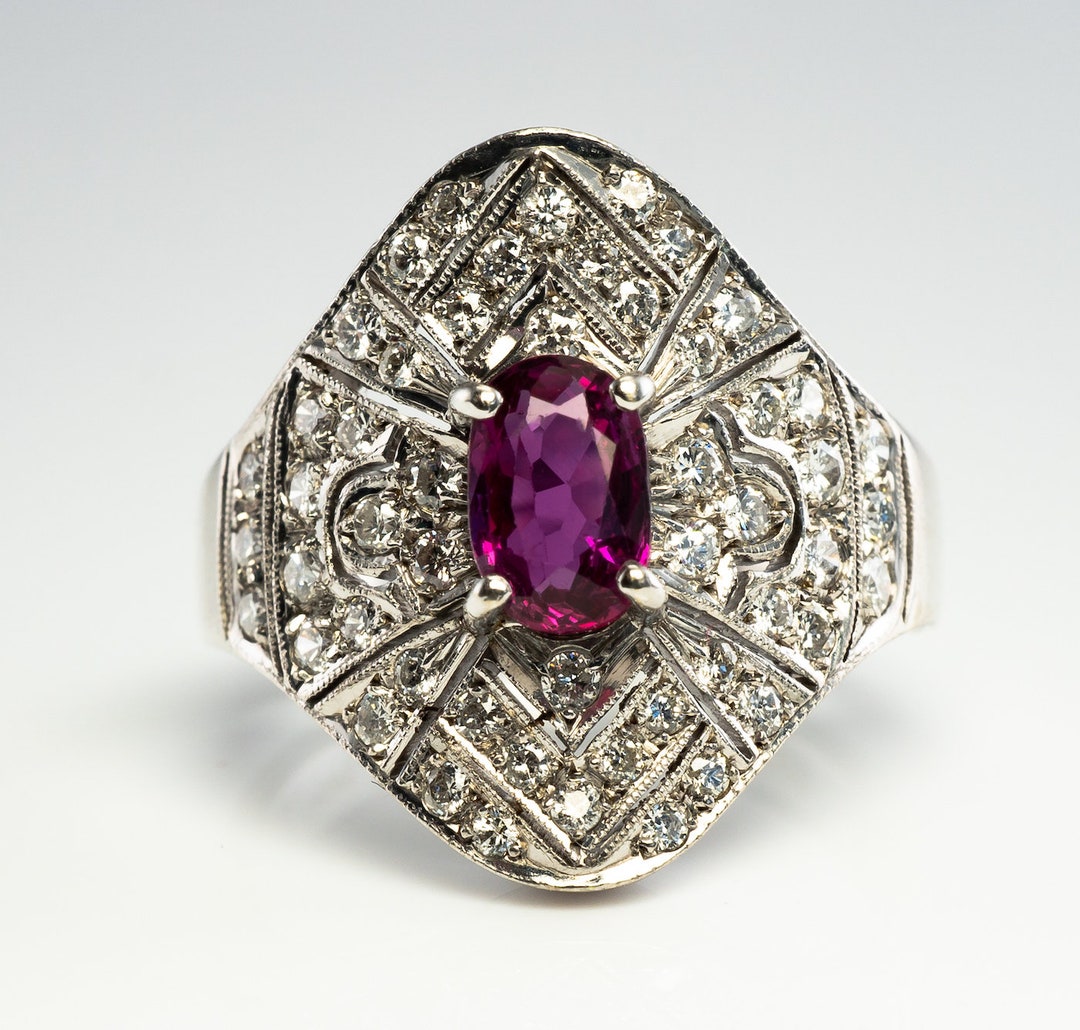 Ruby Diamond Ring, Vintage Estate 14K White Gold Shield - Etsy