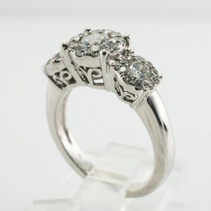 Three Stone Diamond Halo Ring, Vintage 14K Gold Band Engagement Wedding Ring.