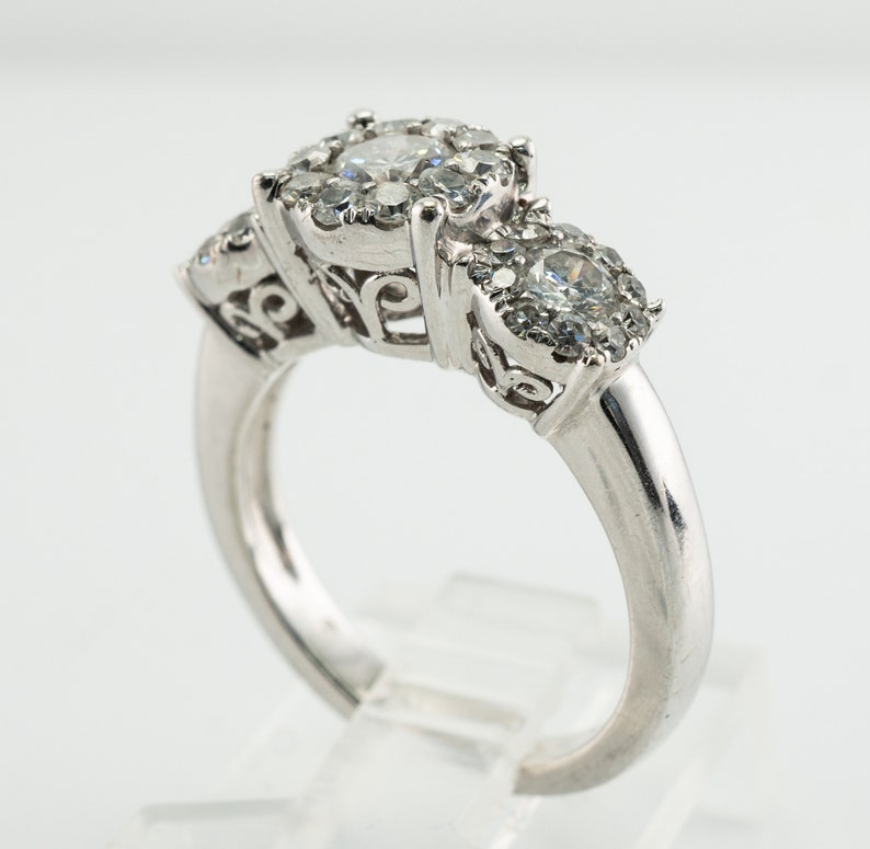 Three Stone Diamond Halo Ring, Vintage 14K Gold Band Engagement Wedding Ring.