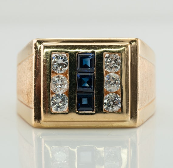 Mens Diamond Sapphire Ring, 14K Gold Band - image 2