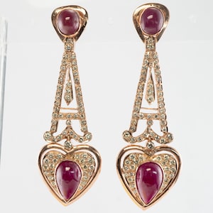 Diamond Ruby Heart Earrings, Vintage Estate 18K Rose Gold, Dangle Drop