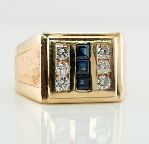 Mens Diamond Sapphire Ring, 14K Gold Band - image 1