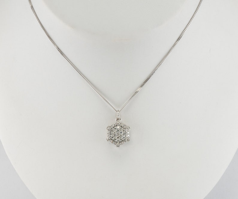 Natural Diamond Necklace Earrings Set, Vintage Geometric Cube 14K White Gold Necklace & Earrings.