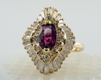 Rubellite Pink Tourmaline Diamond Ballerina Ring, Vintage 14K Yellow Gold