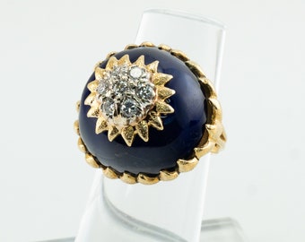 Diamond Ring Blue Enamel, 18k Gold Vintage Italian