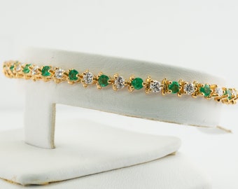 Natural Diamond Emerald Bracelet, 14K Gold, Tennis Link