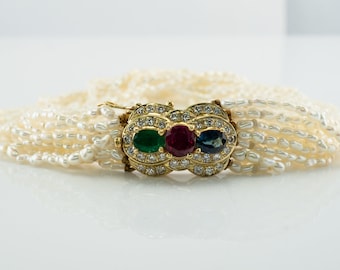 Diamant Rubin Smaragd Saphir Perlen Armband Vintage 14K Gold