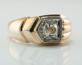 Mens Diamond Solitaire Ring, Vintage Estate 14K Gold Band, Old Mine cut