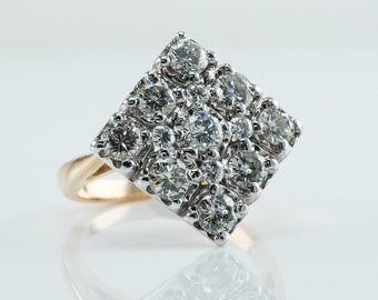 Anel de coquetel vintage em ouro 14K com conjunto de diamantes, 1,51 quilates no total.