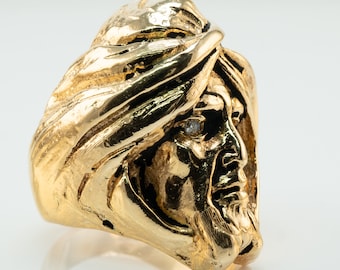 Diamond Ring Man Turban Head Face Vintage 14K Gold Band Unique