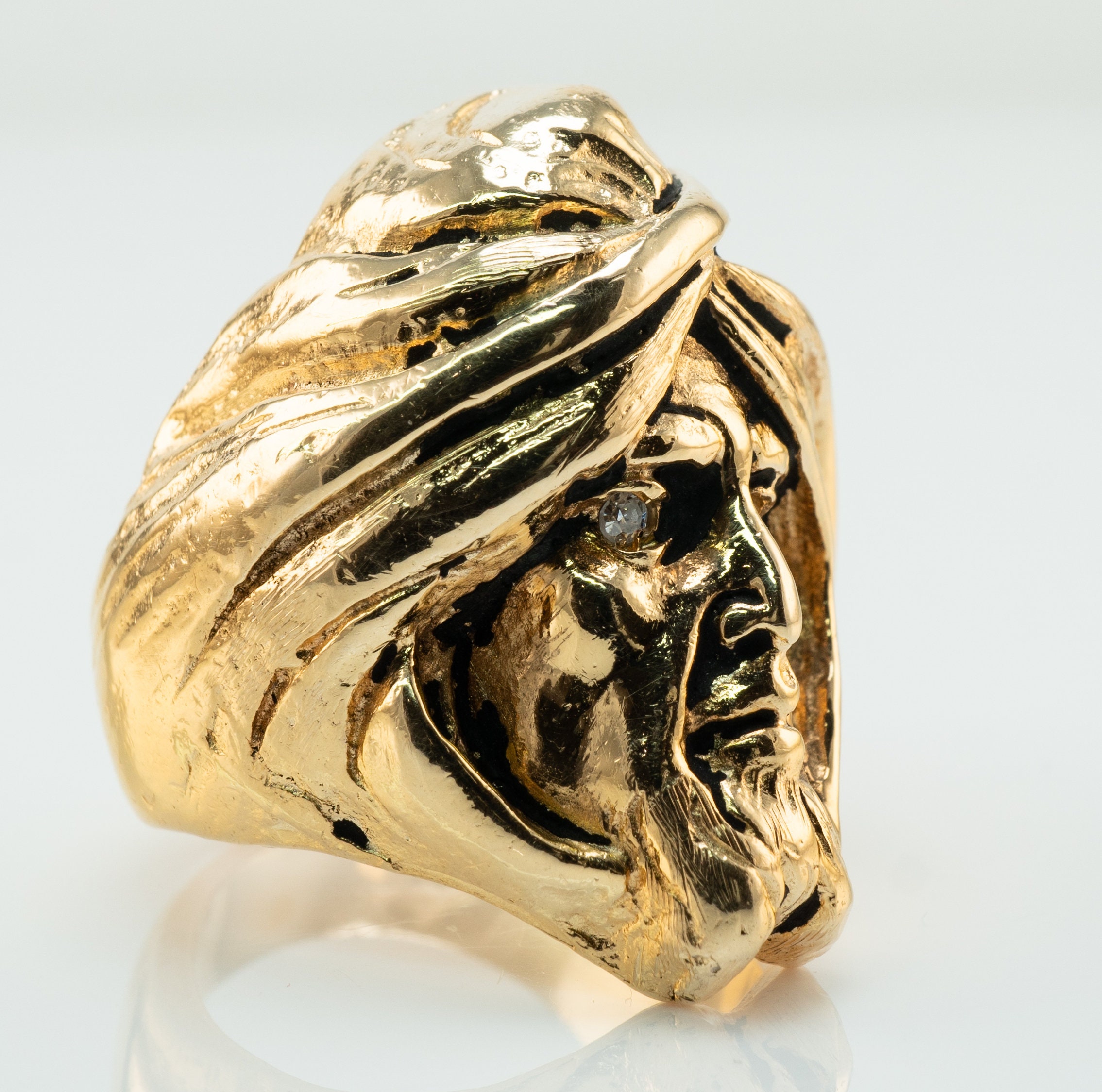 Diamond Face Head Person Ring, Vintage 14K Gold Band Statement