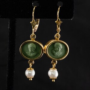 Green Cameo Pearl Earrings, 18K Gold & Lava, Angel Cherub image 10