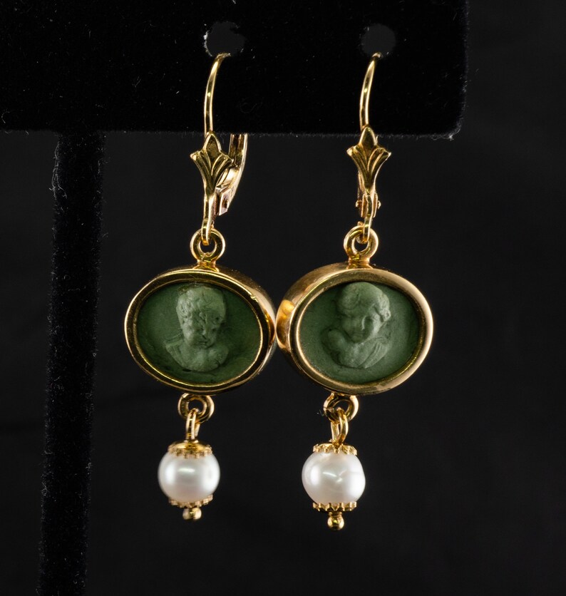 Green Cameo Pearl Earrings, 18K Gold & Lava, Angel Cherub image 10