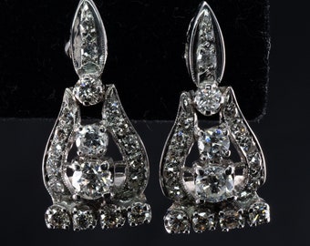Diamond Earrings, Vintage Estate 14K White Gold Dangle Drop, 1.72 TWD