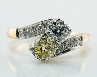 Ausgefallener gelber Diamantring, antikes Platin im Minenschliff & 14K Gold, Toi et Moi