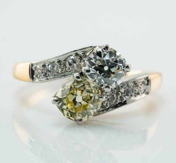 Fancy Yellow Diamond Ring, Antique Platinum and 1… - image 1