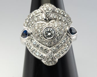 Natural Sapphire Diamond Heart Shield Ring, 14K White Gold, Vintage Cocktail