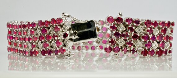 Diamond Ruby Bracelet, Vintage Estate 14K White G… - image 5