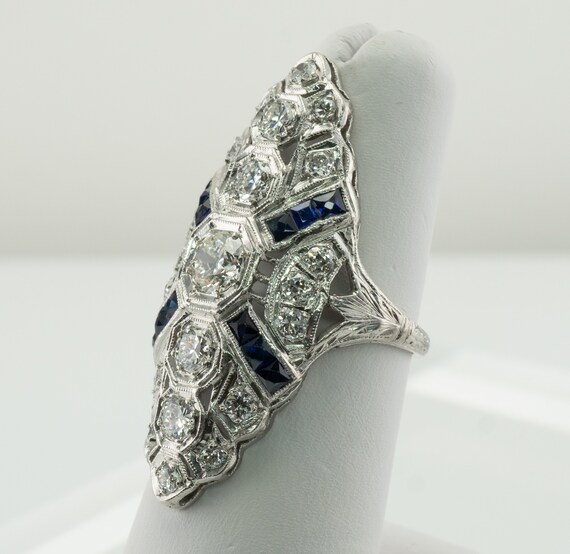 Edwardian Diamond Sapphire Ring, Antique Platinum… - image 7