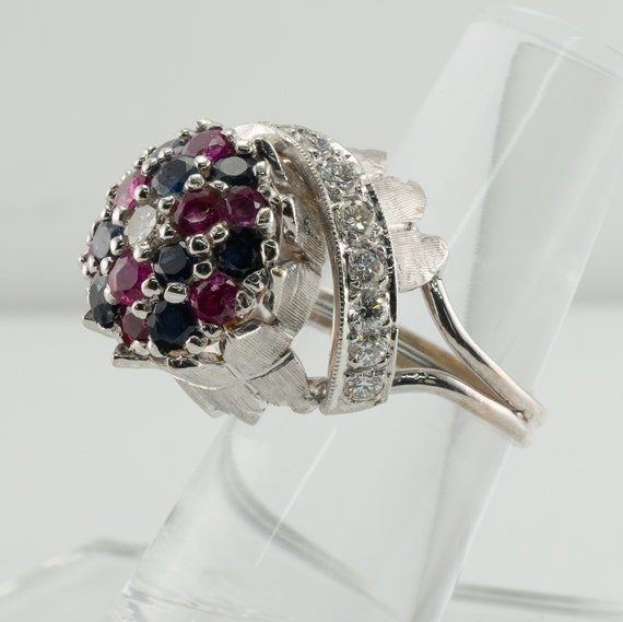 Diamond Ruby Sapphire Ring, Vintage 14K Gold Cock… - image 4