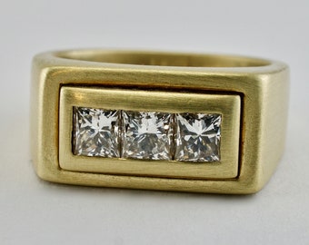 Mens Diamond Ring, Geometric Three Stone Gold Band