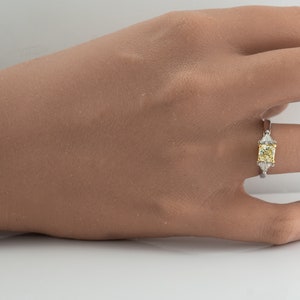 Fancy Yellow Diamond Ring, Vintage 18K White Gold Engagement Wedding Three Stone Ring.
